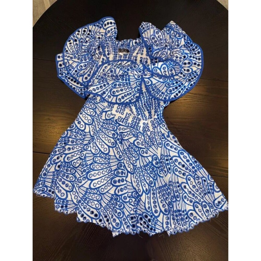 Nwt Dalia MacPhee Smocked Broderie Anglaise Ruffled Mini Cobalt Blue Sz Large